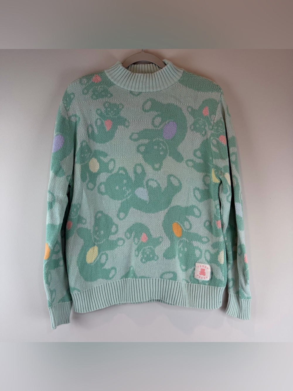Teddy Fresh Green Blue Mint Falling Bears Fall Novelty Print Sweater Size Medium
